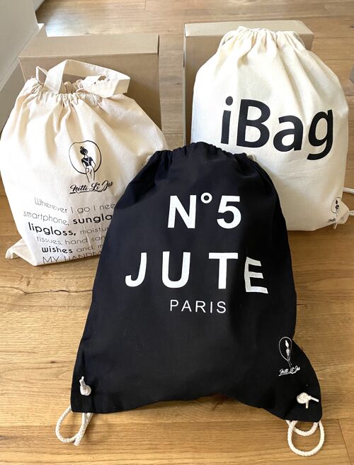 Netti Li Jae® Hipster-Bag "JUTE No 5"| auch Beutel, Einkaufstasche, Rucksack oder Turnbeutel genannt | schwarz mit weißer Schrift