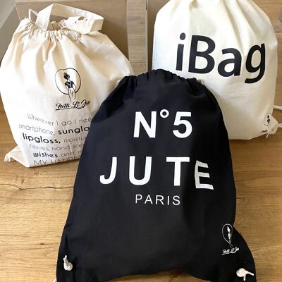 Netti Li Jae® hipster bag "JUTE No 5" | also called pouch, shopping bag, rucksack or gym bag | black with white writing