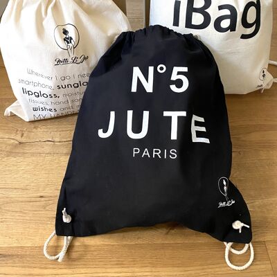 Netti Li Jae® Hipster-Bag "JUTE No 5"| auch Beutel, Einkaufstasche, Rucksack oder Turnbeutel genannt | schwarz mit weißer Schrift
