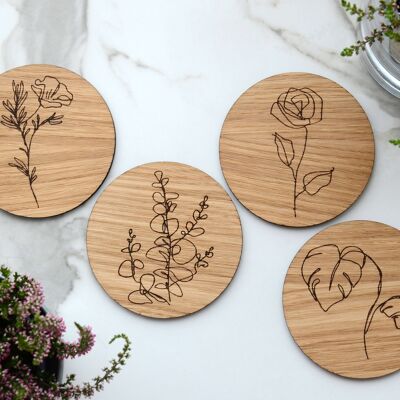 Wood Coasters "BOTANICAE" - Round Coasters for Drinks, Set of 4