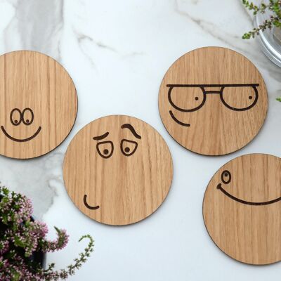 Coasters "EMOTICONS" - Round Wooden Coasters for Drinks, Set of 4
