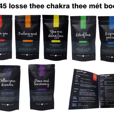 Theeset chakra's - 7 zakjes kwalitatieve losse thee - 45 gr. per zak - mét boekje - in geschenkdoos