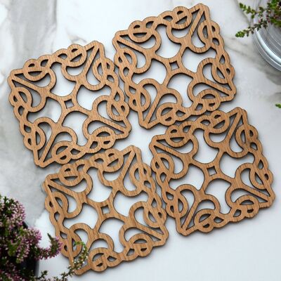 Wood Coasters "LACE" - Square Table Coasters for Drinks, Set of 4