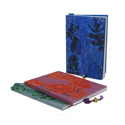 Tropical notebook A6 leaf pattern tropical vegetation red, blue or green notebooks