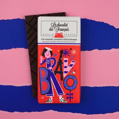 Tablette de chocolat BIO,  Noir éclats d'amandes, caramel et sel, visuel BRAVO