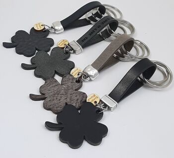 Porte-clés Trèfle cuir gris marron 2