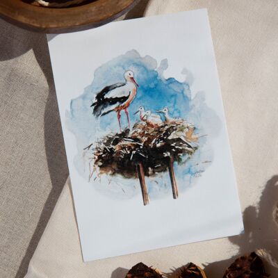 "New Beginning (Stork Nest)" watercolor art print