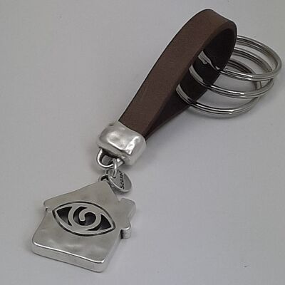 Leather keychain Happy Home with Eye vintage brown