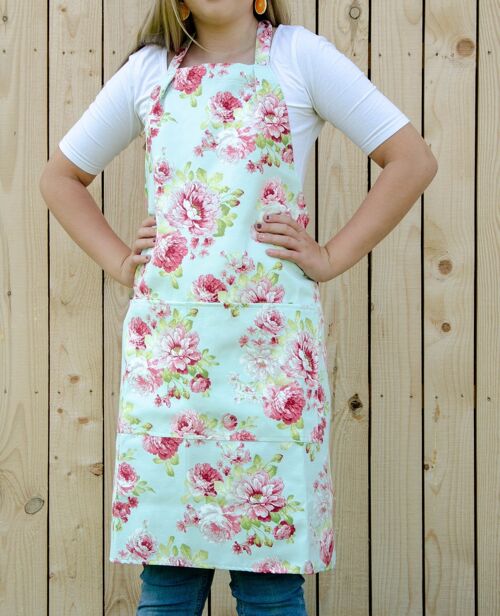 Floral apron for women with roses on blue patterns and two front pockets