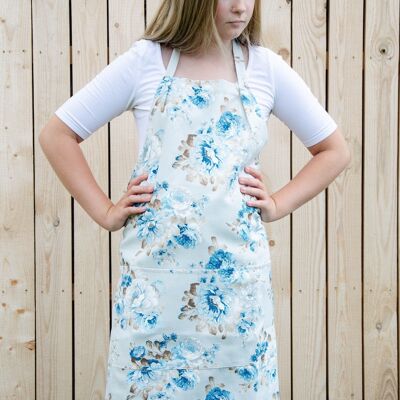 Floral apron for women with blue roses on cream patterns and two front pockets