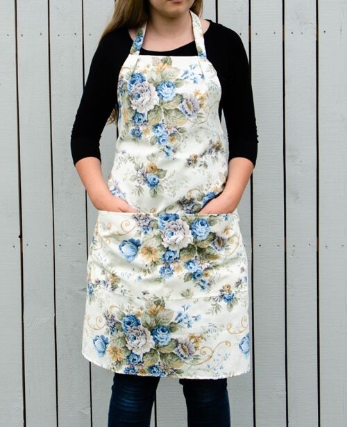 Floral apron for women with blue roses patterns and two front pockets