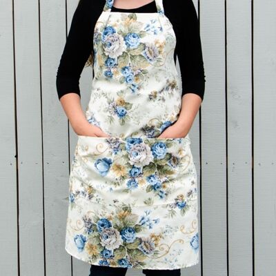 Floral apron for women with blue roses patterns and two front pockets