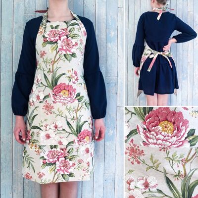 Floral apron for women with pink peonies patterns and two front pockets
