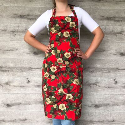 Christmas print full red apron for woman with pockets.