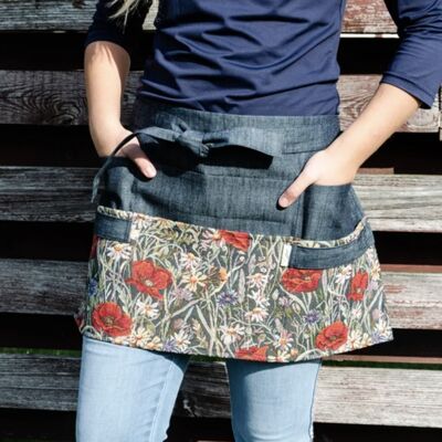 Denim garden apron with poppy pattern. Picked to top 10 aprons by Gardenersworld.com