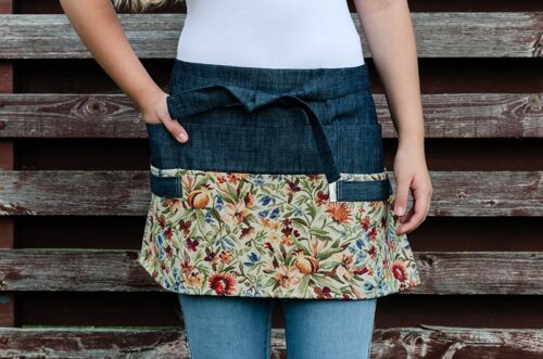 Dark denim garden apron for woman with floral patterns