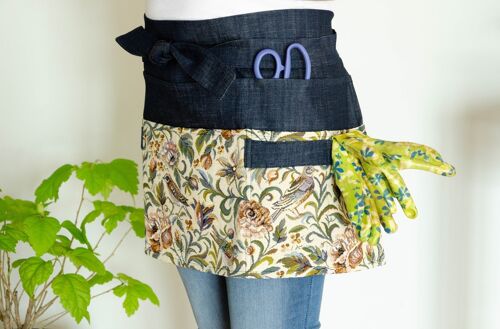 Dark denim garden apron for woman with light floral and birds patterns