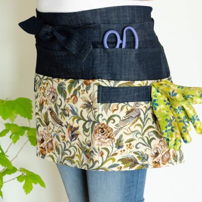 Dark denim garden apron for woman with light floral and birds patterns