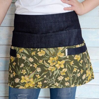 Dark denim garden apron for woman with green and yellow floral patterns