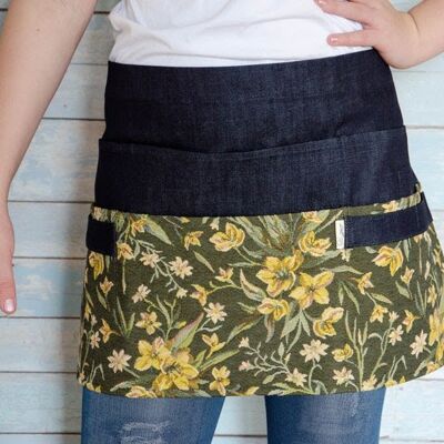 Dark denim garden apron for woman with green and yellow floral patterns