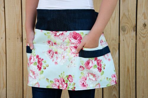 Dark denim garden apron for woman with roses on blue floral patterns
