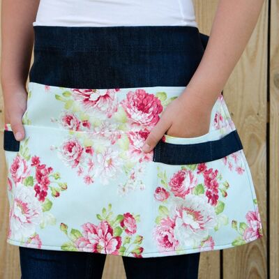 Dark denim garden apron for woman with roses on blue floral patterns