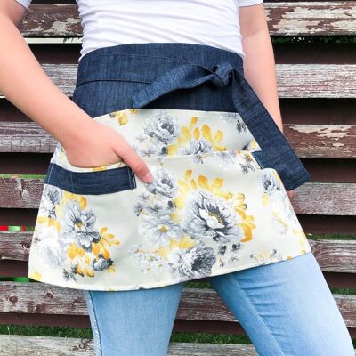 Dark denim garden apron for woman with yellow roses patterns