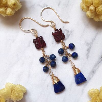 Earrings adorned with Garnet Gems and Lapis Lazuli