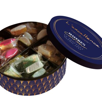 Boite ronde Douceurs Provençales : calissous, amandins framboise, nougat de Montélimar, nougat saveur pistache