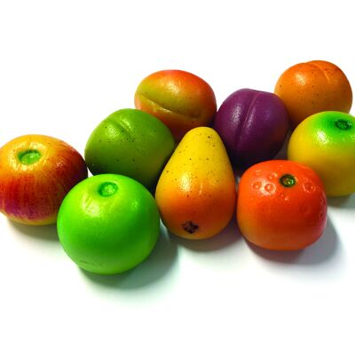 Fruits assortis 39% pâte d'amandes (pomme verte, pomme rouge, pomme Golden, mirabelle, Reine-claude, mandarine, quetsche, abricot, poire)