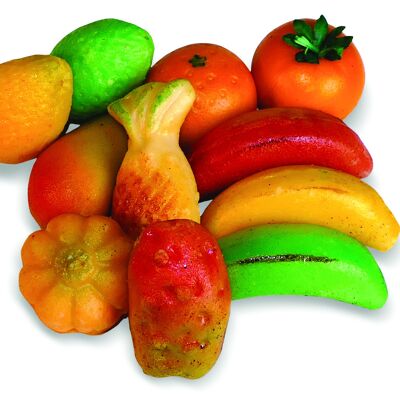 Fruits exotiques (ananas, citron jaune, citron vert, banane jaune, banane rouge, banane verte, mangue, figue de barbarie, kaki, papaye, mandarine)