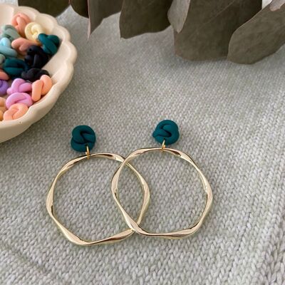 Knot Earrings // Polymer Clay Earrings // Handmade Earrings // Brass Earrings // Clay Earrings // Hoop Earrings // Dark Green Knot Earrings