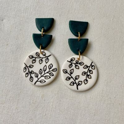 Green and White Polymer Clay Earrings // Floral Earrings // Circle Earrings // Statement Earrings // Handmade Earrings