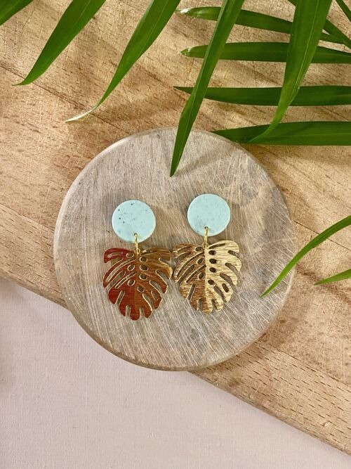 Monstera Earrings // Polymer Clay Earrings // Speckled Clay Earrings // Brass Earrings // Handmade Earrings // Summer Earrings