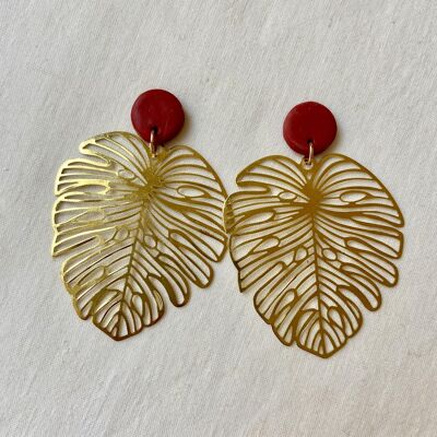 Pendientes Monstera // Pendientes de arcilla polimérica // Pendientes Monstera de latón y arcilla polimérica // Pendientes de arcilla polimérica roja // Pendientes llamativos