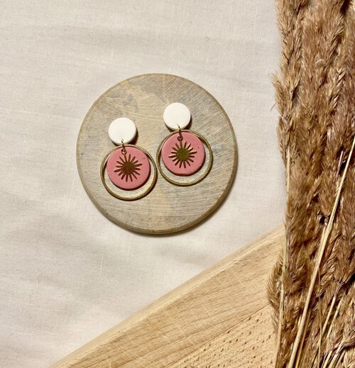 White and Pink Speckled Sun Earrings // Polymer Clay Earrings // Sun Earrings // Brass and Polymer Clay // Handmade Statement Earrings