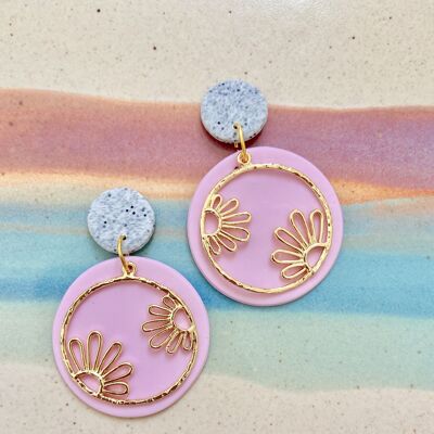 Granite and Pink Daisy Earrings // Polymer Clay Earrings // Pink Earrings // Handmade Earrings // Summer Earrings // Brass Earrings