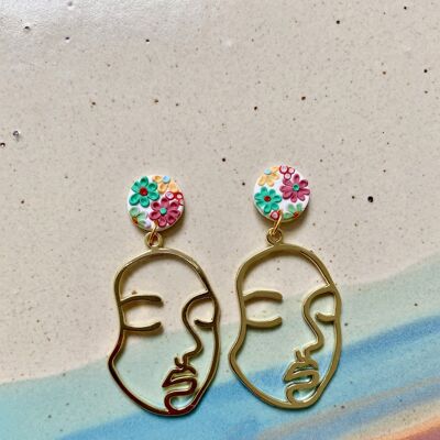 Face Earrings // Floral Face Earrings // Polymer Clay Earrings //Brass Earrings // Handmade Earrings // Statement Earrings