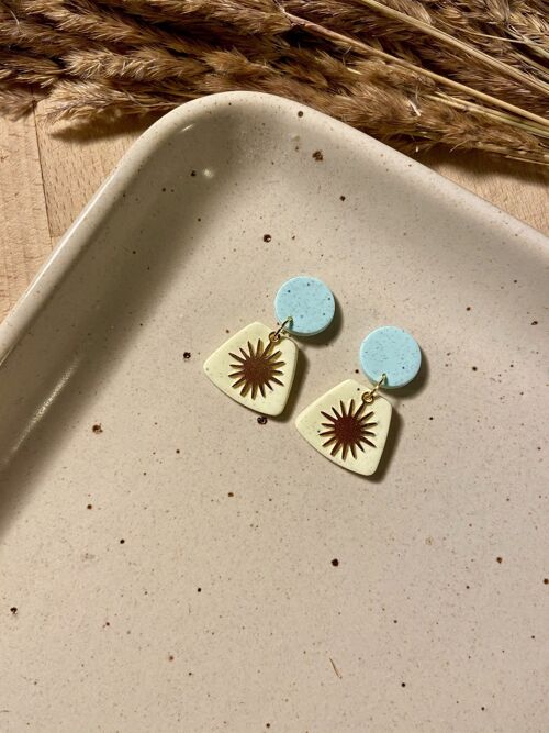 Blue and Yellow Speckled Earrings // Polymer Clay Earrings // Sun Earrings // Brass and Polymer Clay // Handmade Statement Earrings