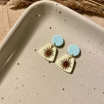 Blue and Yellow Speckled Earrings // Polymer Clay Earrings // Sun Earrings // Brass and Polymer Clay // Handmade Statement Earrings