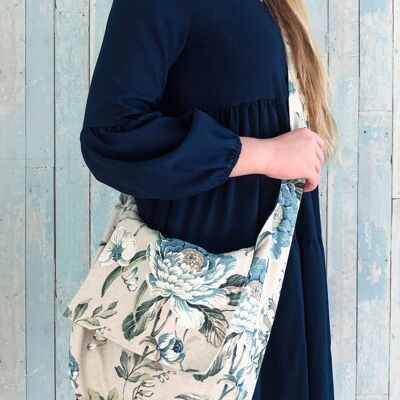 Handmade blue peonies hobo shoulder bag