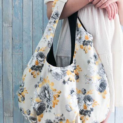 Black, yellow roses on cream handmade large fabric hobo handbag.