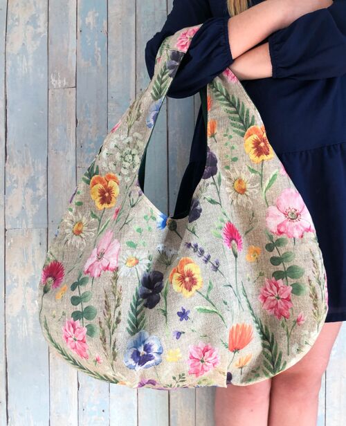Large fabric hobo handbag. Pansy print big tote bag.