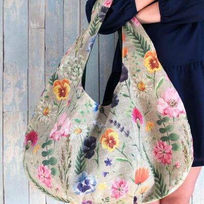 Large fabric hobo handbag. Pansy print big tote bag.