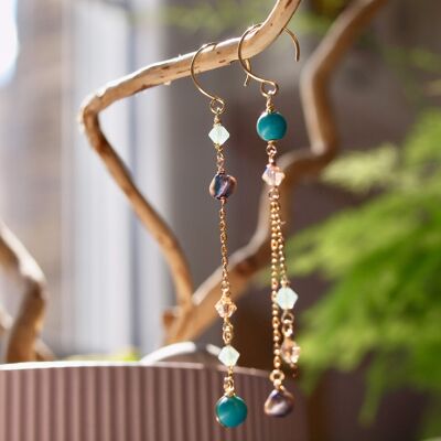Mismatched earrings, Turquoise, Long earrings, Gold earrings, Glam earrings, Gemstone earrings, Mismatched earrings