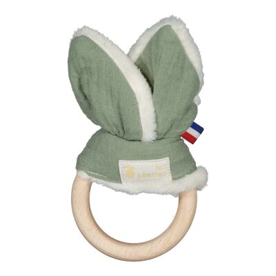 Montessori teething ring rabbit ears - wooden toy and double cotton gauze khaki