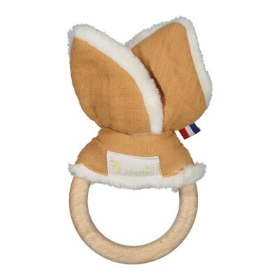 Montessori teething ring rabbit ears - wooden toy and double caramel cotton gauze