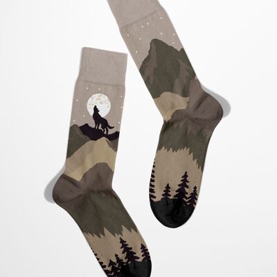 Chaussettes en coton Wolf unisexe | chaussettes animal personne | chaussettes loup | chaussettes de couleur nude | chaussettes loup beige | chaussettes avec des loups |