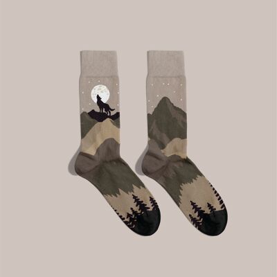 Chaussettes en coton Wolf unisexe | chaussettes animal personne | chaussettes loup | chaussettes de couleur nude | chaussettes loup beige | chaussettes avec des loups |