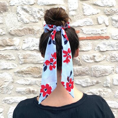Sky blue scarf scrunchie with floral print